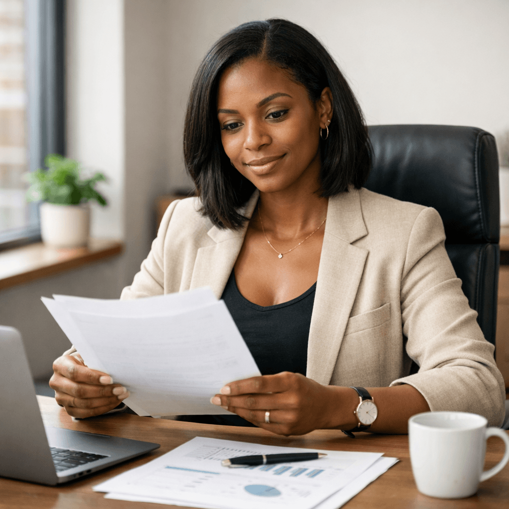 Confident business owner reviewing a tablet in a calm office